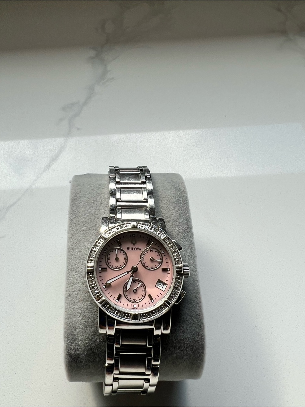 Bulova Silver Bracelet Watch with Pink Dial and Crystal Bezel